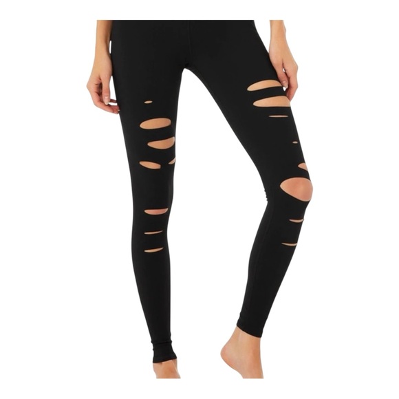 Alo Yoga High Waisted Ripped Warrior Black Leggings‎ Size Medium - Picture 1 of 6